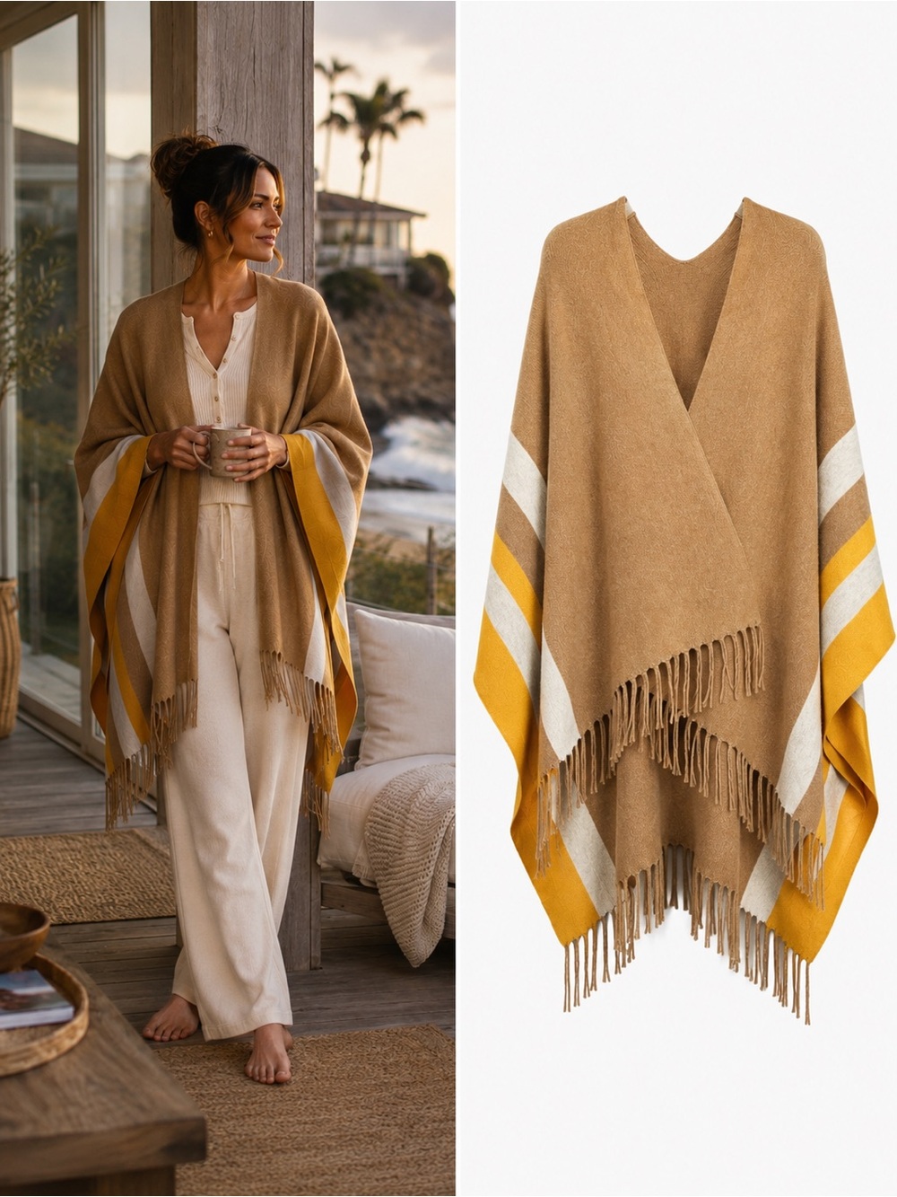 NWOT Talbots Heather Almond Colorblock Knit Ruana Wrap Fringe Shawl Poncho